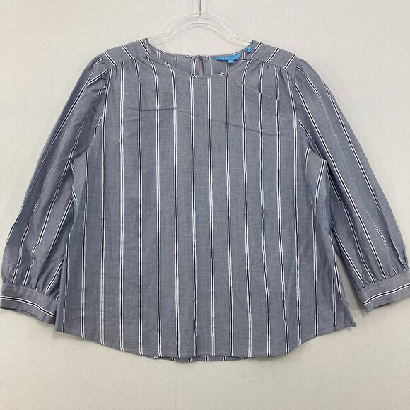 Draper James size 14 Blue Gray Striped Preppy Puff Sleeve Blouse Office Work - Picture 2 of 10